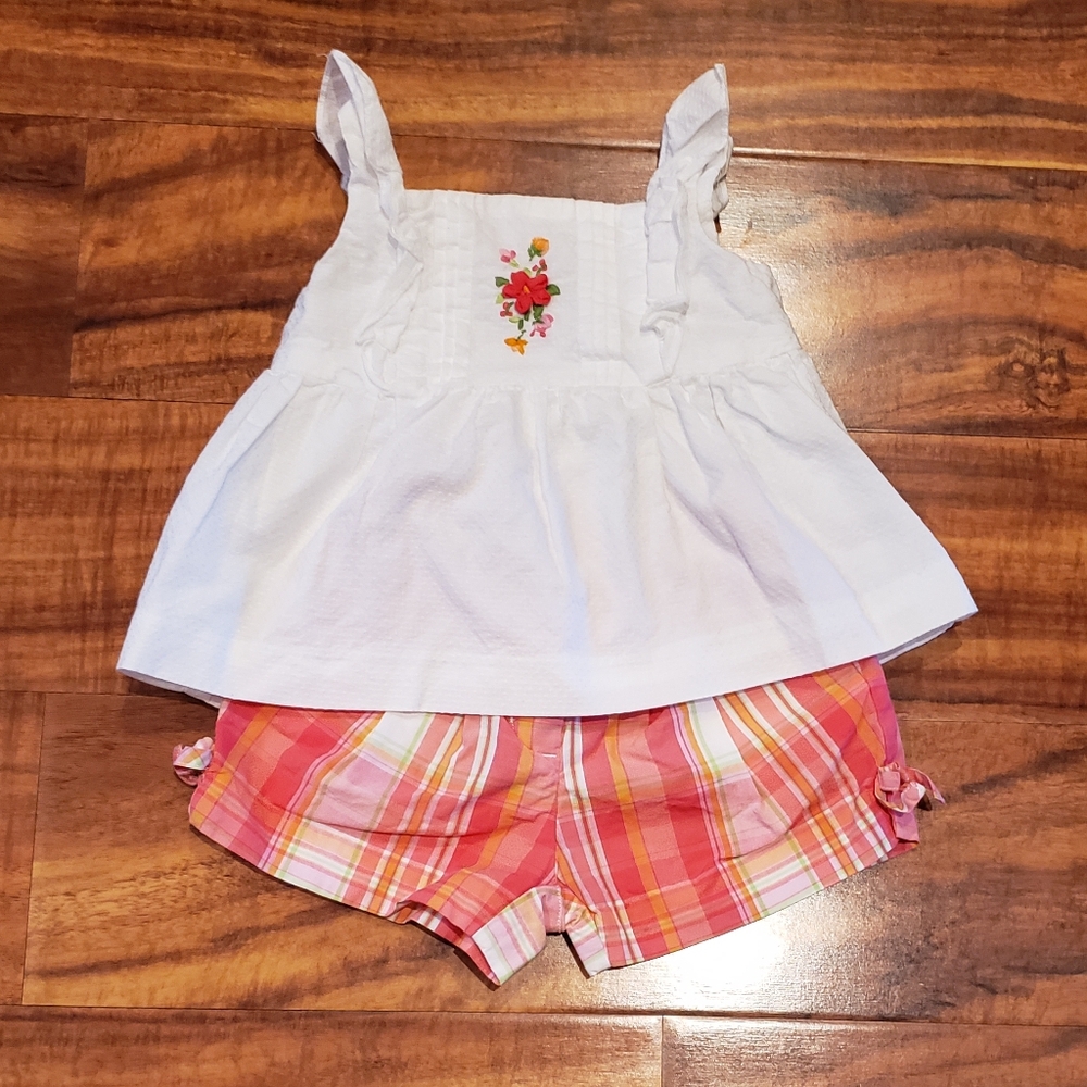 Janie and Jack EUC 6-12 month dobby embroidered blouse, orange/pink plaid shorts